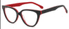 28257 C5 black and red cat-eye glasses with red inner temples and upswept corners, three-quarter view