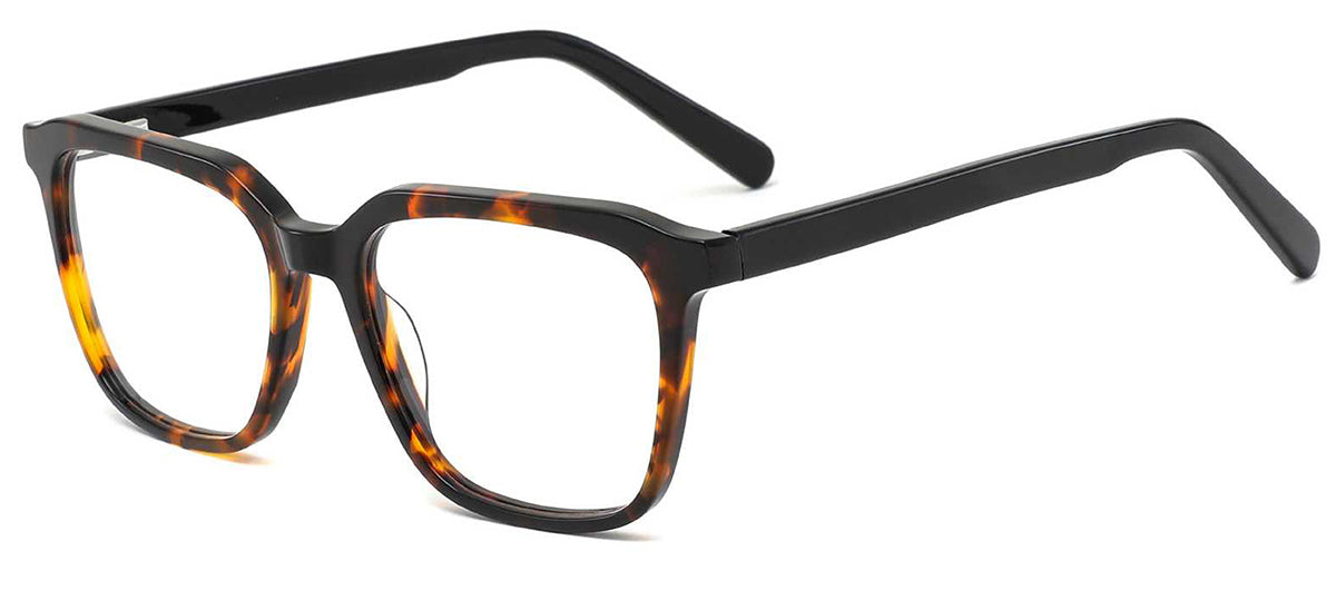 28338 C2 amber tortoiseshell square glasses with black temples, three-quarter view