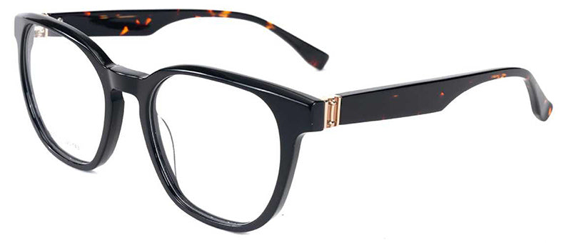 88637 C1 black rounded glasses with tortoiseshell temple details and gold-tone hinge accents, three-quarter view